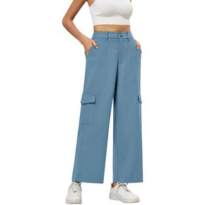 JASAMBAC Women's High Waisted Cargo Pants Wide Leg Baggy Casual Hiking Work Dress Pants Elastic Waist Button with 6 Pockets