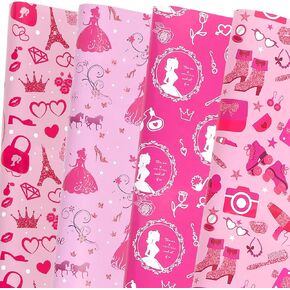 ZJHiome 8 Sheets Girl Princess Wrapping Paper 50x70cm Hot Pink Girl Party Gift Wrap Paper Pink Birthday Wrapping Paper for Kids Girls Birthday Baby Shower Craft Gift DIY Decor