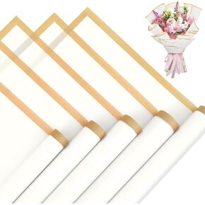 Aubeco 24 Sheets Waterproof Bouquet Wrapping Paper, Flower Wrapping Paper for DIY Crafts, Florist Supplies, Wedding, Birthday, Valentine's Day, Graduation Gift （White with Gold Trim）
