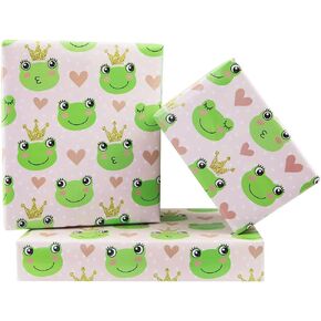 Frog Wrapping Paper for Men Women, Lovely Green Frogs with Crown Heart Printed Design Funny Gift Wraps for Kids Boys Girls Birthday Christmas Baby Shower - 4 Sheets Folded Flat - 19.6 * 27.5 Inches