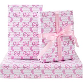 AircooL Baby Girl Wrapping Paper, It's a Girl Baby Girl Feet Pink White Stripes Wrapping Paper 20 x 28 inches for Girl Birthday Present Gender Reveal Theme Baby Shower Party Kindergarten Newborn