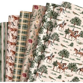 Whaline 12 Sheets Horse Wrapping Paper - Not Roll - Watercolor Pony Flower Gift Wrap Paper Folded Flat Cowboy DIY Art Craft Paper for Birthday Holiday Party Supplies, 19.7 x 27.6 Inch