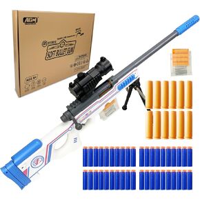 AGM MASTECH AWM Shell-Throwing Blaster Set, 40 Official Foam Darts, 4-Dart Cartridge, 2 Magazines, Fun Playset for Boys, Kids, and Adults (White)