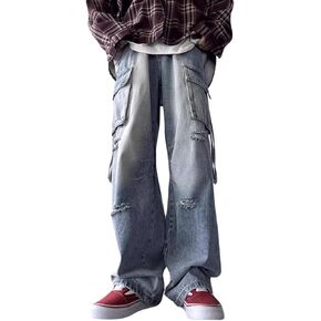Men's Cargo Baggy Jeans Y2k Ripped Straight Leg Denim Pants Fashion Hip Hop Grunge Clothing Blue