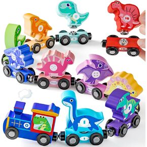 Magnetic Wooden Train Set - Snap Matching Dinosaur Train Toys for Toddlers, Montessori Toys for 3 5 4 Year Old Boy Girl Birthday Gifts, Preschool Learning Activities Dinosaur Toys for Kids Ages 2-4