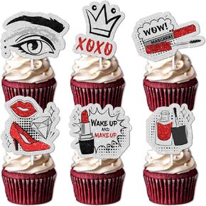 18pcs Pink Glitter Dessert Cupcake Topper for Long Eyelashes Big Eyes Love Lip XOXO Theme Decor Supplies Lady Women Girls Birthday Wedding Bachelor Engagement Party Decoration