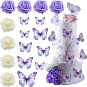 17pcs Butterfly Cake Toppers 3D Romantic Butterfly Cupcake Decorations with Purple White Rose Flowers for Wedding Birthday Anniversary Party Baby Shower