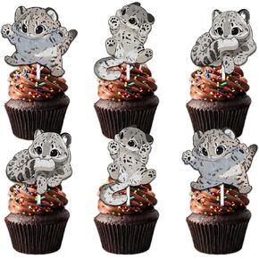 18pcs Glitter Snow Leopard Dessert Cupcake Topper Pick for Cute Little Animal Snow Leopard Theme Decor Supplies Baby Shower Men Women kids Happy Birthday Party Decoration