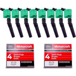 MAS Set of 8 Green Ignition Coil Pack DG508 & 8Pcs Motorcraft Spark Plug SP479 Compatible with Ford F150 F250 E150 E350 Expedition Excursion Super Duty Lincoln Navigator 5.4L V8 DG457 DG472 DG491