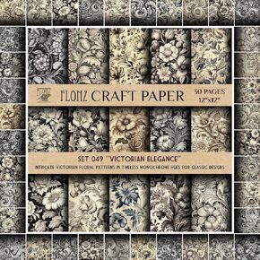 Scrapbook Paper (30 pages 12"x12") Victorian Elegance: Intricate Victorian Floral Patterns in Timeless Monochrome Hues for Classic Designs FLONZ Vintage Styled Double Sided Paper Pad for Craft
