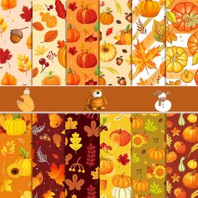 VIVIQUEN 24 Sheets Thanksgiving Autumn Pumpkin Maple Leaf Double-Sided Scrapbook Paper 30x30cm Flower Craft Paper Folded Flat for DIY Decorative Background Card Making Photo Album Junk Journal Decor