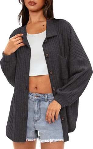 Darong Women's Loose Fit Batwing Sleeve Ribbed Knit Button Down Shirt Shacket Boyfriend Shirt Jackets Tops in Saudi Arabia