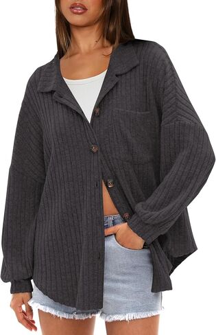 Darong Women's Loose Fit Batwing Sleeve Ribbed Knit Button Down Shirt Shacket Boyfriend Shirt Jackets Tops in Saudi Arabia
