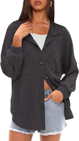 Darong Women's Loose Fit Batwing Sleeve Ribbed Knit Button Down Shirt Shacket Boyfriend Shirt Jackets Tops in Saudi Arabia