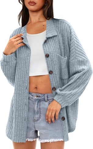 Darong Women's Loose Fit Batwing Sleeve Ribbed Knit Button Down Shirt Shacket Boyfriend Shirt Jackets Tops in Saudi Arabia