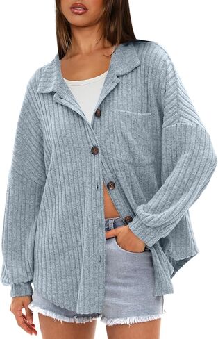 Darong Women's Loose Fit Batwing Sleeve Ribbed Knit Button Down Shirt Shacket Boyfriend Shirt Jackets Tops in Saudi Arabia