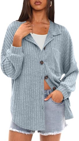Darong Women's Loose Fit Batwing Sleeve Ribbed Knit Button Down Shirt Shacket Boyfriend Shirt Jackets Tops in Saudi Arabia