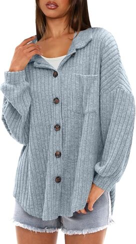 Darong Women's Loose Fit Batwing Sleeve Ribbed Knit Button Down Shirt Shacket Boyfriend Shirt Jackets Tops in Saudi Arabia