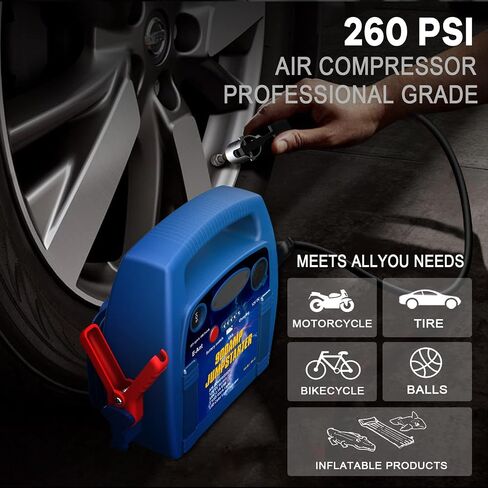 E-Ant Jump Starter with Air Compressor, 900A Peak Jump Starter, 260 PSI Tire Inflator, 12V Battery Jumper Starter Portable, Jumper Cables for Up to 6.0L Gas/4.0L Diesel Engines with DC/USB Ports-Blue in Saudi Arabia