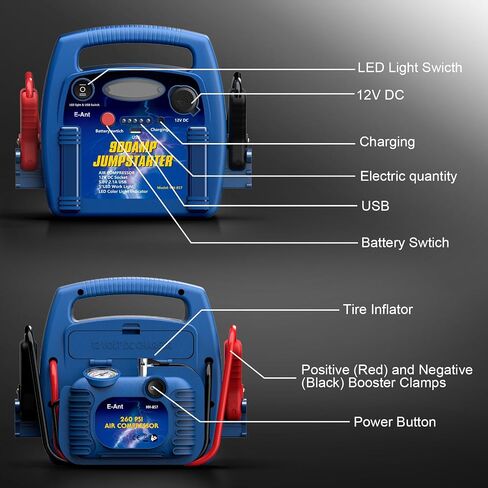 E-Ant Jump Starter with Air Compressor, 900A Peak Jump Starter, 260 PSI Tire Inflator, 12V Battery Jumper Starter Portable, Jumper Cables for Up to 6.0L Gas/4.0L Diesel Engines with DC/USB Ports-Blue in Saudi Arabia