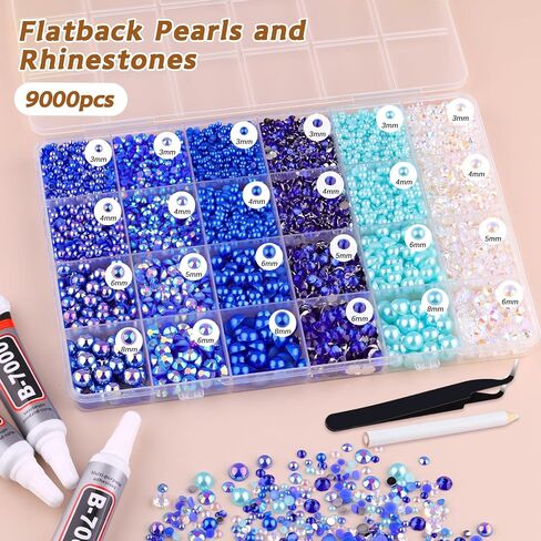 9000PCS Flatback Pearls and Rhinestones for Crafting, Pink White 3-10mm Resin Rhinestones and Half Pearls for Bedazzling, Nail Art and Dec with 3pcs B7000 Jewelry Glue, Tweezer and Pickup Pencil in Saudi Arabia
