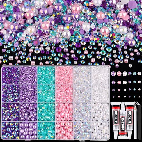 9000PCS Flatback Pearls and Rhinestones for Crafting, Pink White 3-10mm Resin Rhinestones and Half Pearls for Bedazzling, Nail Art and Dec with 3pcs B7000 Jewelry Glue, Tweezer and Pickup Pencil in Saudi Arabia