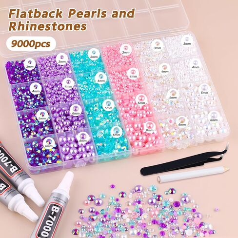 9000PCS Flatback Pearls and Rhinestones for Crafting, Pink White 3-10mm Resin Rhinestones and Half Pearls for Bedazzling, Nail Art and Dec with 3pcs B7000 Jewelry Glue, Tweezer and Pickup Pencil in Saudi Arabia