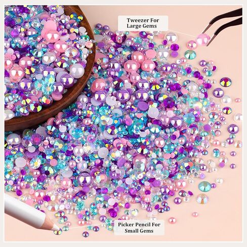 9000PCS Flatback Pearls and Rhinestones for Crafting, Pink White 3-10mm Resin Rhinestones and Half Pearls for Bedazzling, Nail Art and Dec with 3pcs B7000 Jewelry Glue, Tweezer and Pickup Pencil in Saudi Arabia