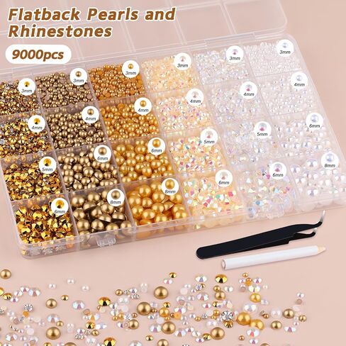 9000PCS Flatback Pearls and Rhinestones for Crafting, Pink White 3-10mm Resin Rhinestones and Half Pearls for Bedazzling, Nail Art and Dec with 3pcs B7000 Jewelry Glue, Tweezer and Pickup Pencil in Saudi Arabia