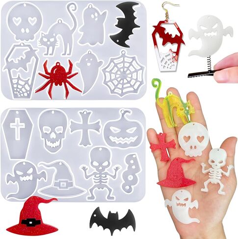 Szcel 2 قطعة حلق الهالوين قالب سيليكون مع فتحة 16 تجويف تابوت شبح جمجمة اليقطين الخفافيش العنكبوت شبكة هريرة قبعة مهرجان ديكور الحفلات سلسلة المفاتيح قلادة راتنجات الايبوكسي قالب DIY أداة صنع المجوهرات in Kuwait