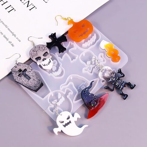 Szcel 2 قطعة حلق الهالوين قالب سيليكون مع فتحة 16 تجويف تابوت شبح جمجمة اليقطين الخفافيش العنكبوت شبكة هريرة قبعة مهرجان ديكور الحفلات سلسلة المفاتيح قلادة راتنجات الايبوكسي قالب DIY أداة صنع المجوهرات in Kuwait