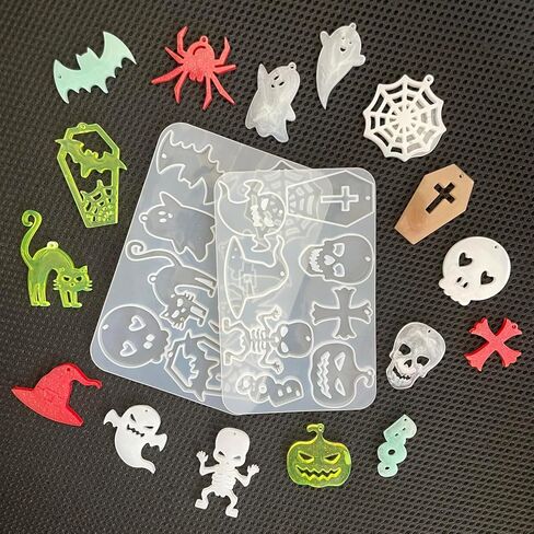 Szcel 2 قطعة حلق الهالوين قالب سيليكون مع فتحة 16 تجويف تابوت شبح جمجمة اليقطين الخفافيش العنكبوت شبكة هريرة قبعة مهرجان ديكور الحفلات سلسلة المفاتيح قلادة راتنجات الايبوكسي قالب DIY أداة صنع المجوهرات in Kuwait