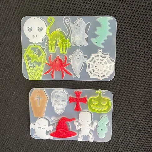 Szcel 2 قطعة حلق الهالوين قالب سيليكون مع فتحة 16 تجويف تابوت شبح جمجمة اليقطين الخفافيش العنكبوت شبكة هريرة قبعة مهرجان ديكور الحفلات سلسلة المفاتيح قلادة راتنجات الايبوكسي قالب DIY أداة صنع المجوهرات in Kuwait