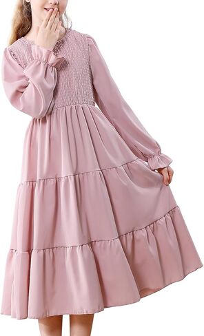 Neutocd Girls Dresses Long Sleeve Crewneck Tiered A Line Midi Dress Smocked Ruffle Flowy Fall Winter Dresses for Girls in Saudi Arabia