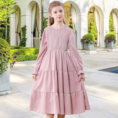 Neutocd Girls Dresses Long Sleeve Crewneck Tiered A Line Midi Dress Smocked Ruffle Flowy Fall Winter Dresses for Girls in Saudi Arabia