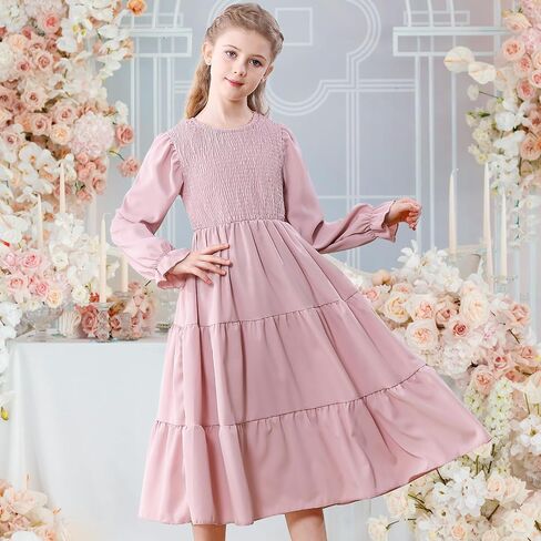 Neutocd Girls Dresses Long Sleeve Crewneck Tiered A Line Midi Dress Smocked Ruffle Flowy Fall Winter Dresses for Girls in Saudi Arabia