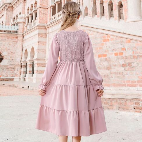 Neutocd Girls Dresses Long Sleeve Crewneck Tiered A Line Midi Dress Smocked Ruffle Flowy Fall Winter Dresses for Girls in Saudi Arabia
