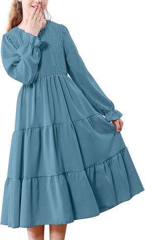 Neutocd Girls Dresses Long Sleeve Crewneck Tiered A Line Midi Dress Smocked Ruffle Flowy Fall Winter Dresses for Girls in Saudi Arabia