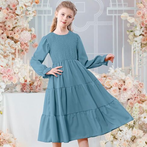 Neutocd Girls Dresses Long Sleeve Crewneck Tiered A Line Midi Dress Smocked Ruffle Flowy Fall Winter Dresses for Girls in Saudi Arabia