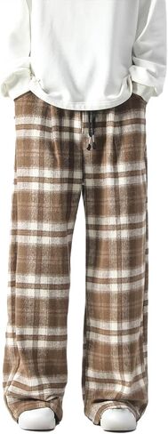 GURUNVANI Mens Vintage Casual Pants Straight Plaid Trousers Drawstring Regular Fit in Kuwait