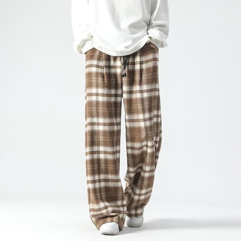 GURUNVANI Mens Vintage Casual Pants Straight Plaid Trousers Drawstring Regular Fit in Kuwait