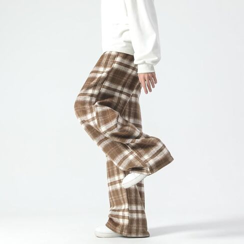 GURUNVANI Mens Vintage Casual Pants Straight Plaid Trousers Drawstring Regular Fit in Kuwait