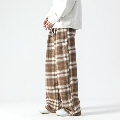 GURUNVANI Mens Vintage Casual Pants Straight Plaid Trousers Drawstring Regular Fit in Kuwait