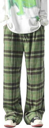 GURUNVANI Mens Vintage Casual Pants Straight Plaid Trousers Drawstring Regular Fit in Kuwait