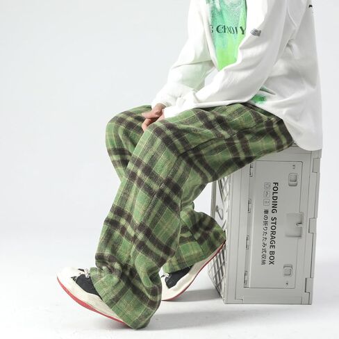 GURUNVANI Mens Vintage Casual Pants Straight Plaid Trousers Drawstring Regular Fit in Kuwait
