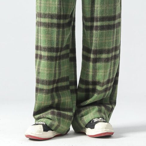 GURUNVANI Mens Vintage Casual Pants Straight Plaid Trousers Drawstring Regular Fit in Kuwait