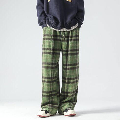 GURUNVANI Mens Vintage Casual Pants Straight Plaid Trousers Drawstring Regular Fit in Kuwait