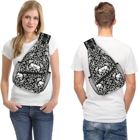 Skull Sling Bag for Women Men Goth Crossbody Shoulder Bags for Women Hiking Chest Daypack Gothic One Strap Sling Backpack Waterproof Travel Sling Bags Black in Saudi Arabia