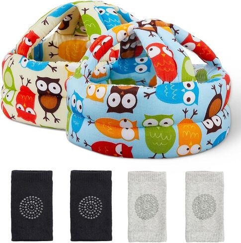 2 Pieces Baby Infant Toddler Helmet for Crawling Walking with 2 Pairs Knee Pads Socks No Bump Baby Toddler Safety Helmet Head Protector for Baby Walking Crawling Running (Owl Style) in Saudi Arabia