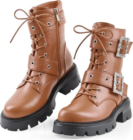 Women's Patent Leather Platform Heel Combat Boots Goth Booties | Lug Sole Low Chunky Heel Lace Up Buckles Zipper Fashion Ankle Booties in Saudi Arabia